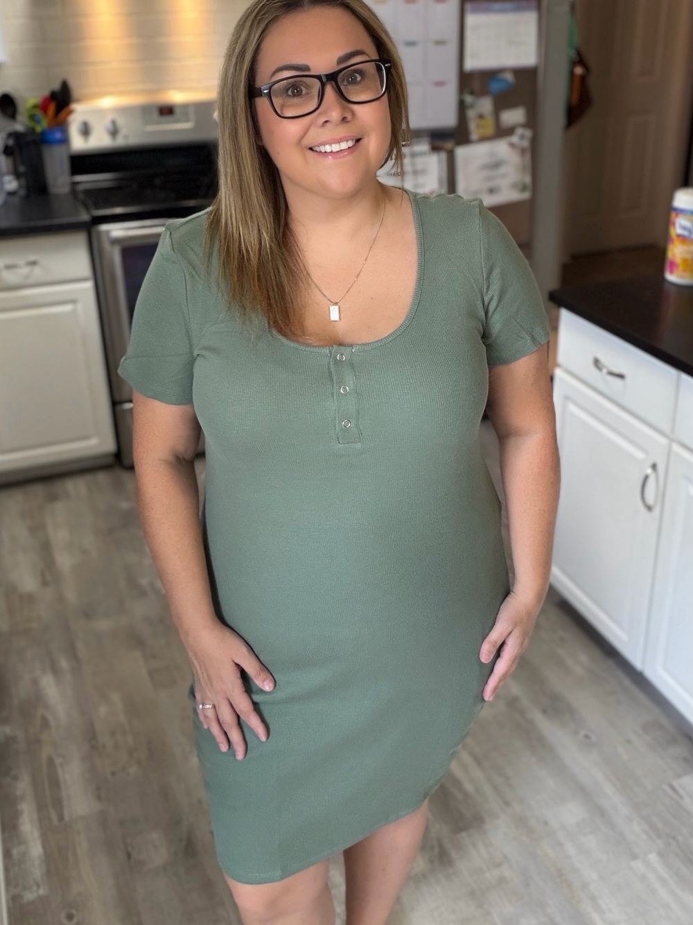 Vero Moda Womens Short Sleeve Rib Knit Henley Dress XXL Sage Green Minimalist